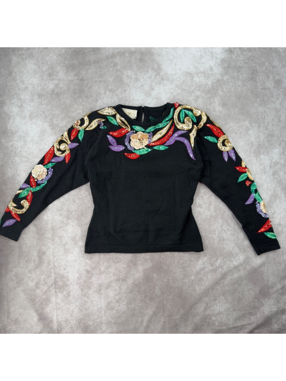 %100 wool Vintage Cache black sequin embroidered floral long sleeve sweater s